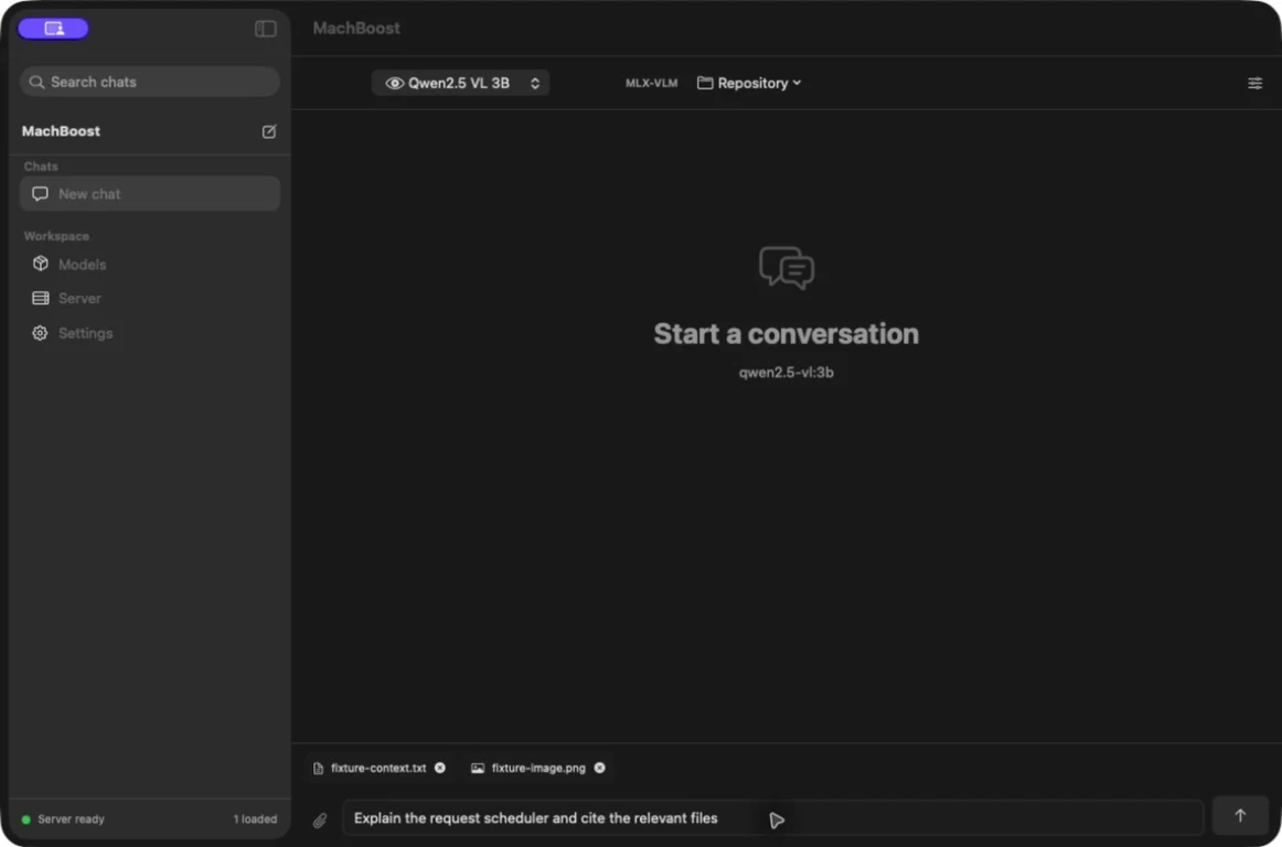 MachBoost native macOS app showing a Qwen vision model, repository selector, persistent text and image context, and chat composer.